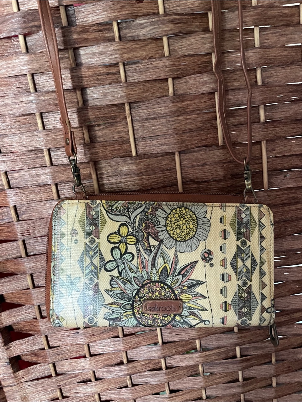 Sakroots Cream and Brown Floral Zip Crossbody Wallet